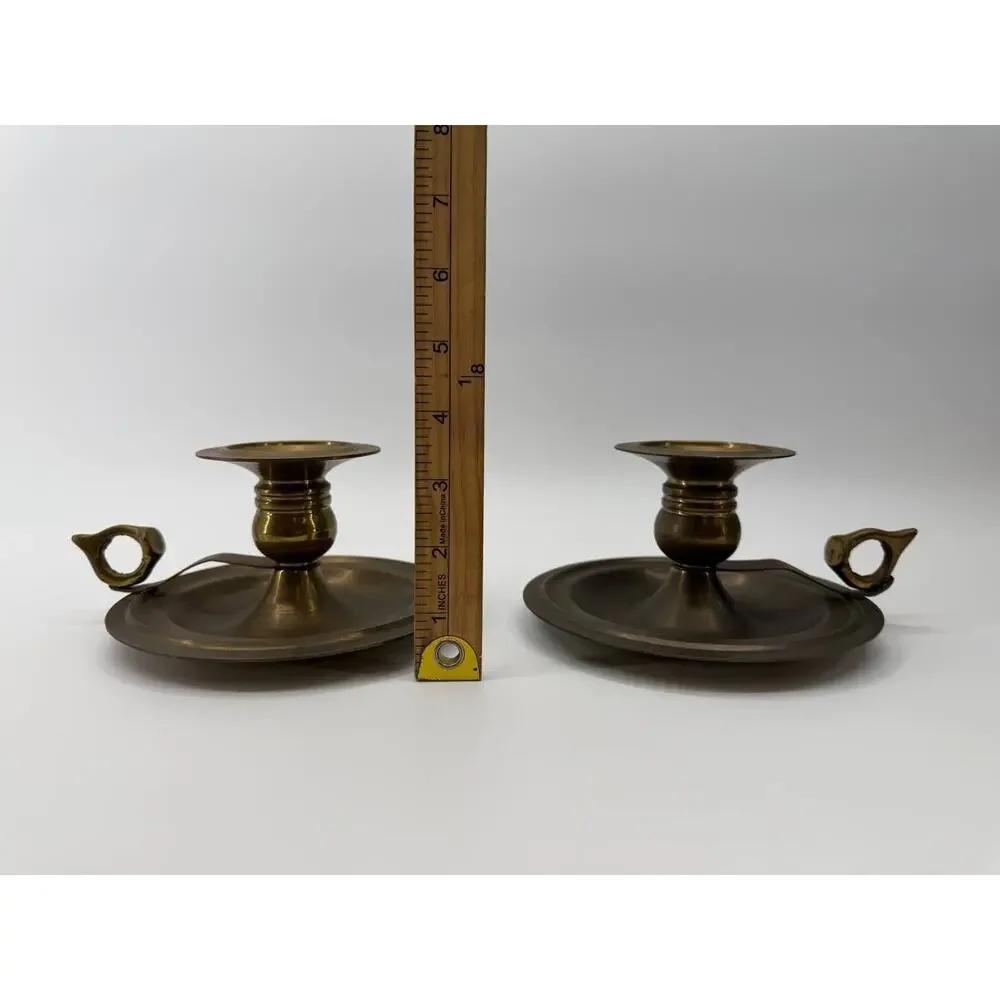 Vintage Brass Candle Holders Set of 2 Chamberstick Handle 2.62 lb Decor